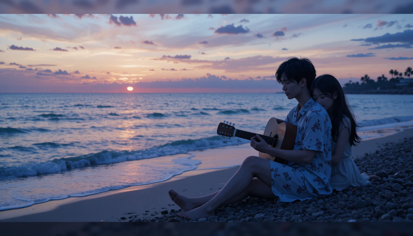 Anime couple on a quiet beach at dusk with guitar