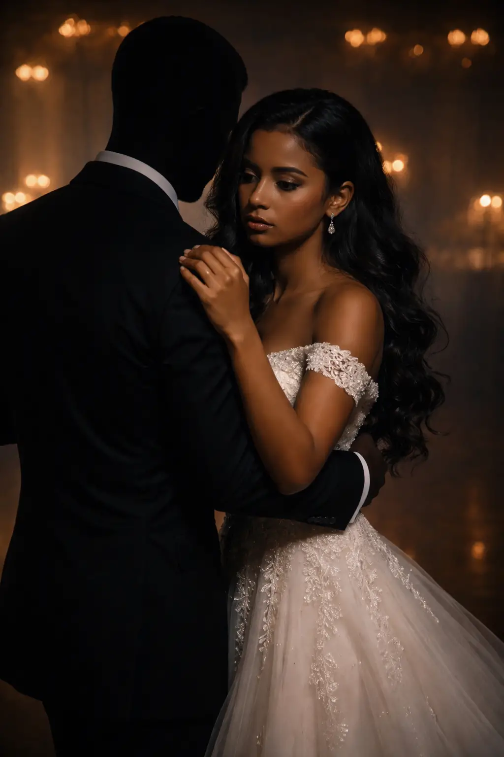 Sad bride dancing with faceless groom on dim floor