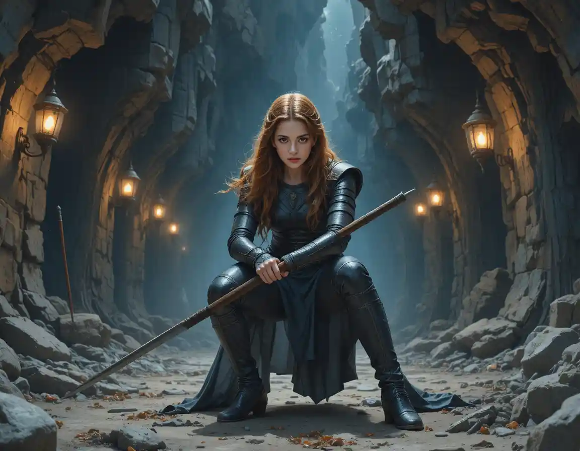 Nordic warrior woman with greatsword in torchlit cave