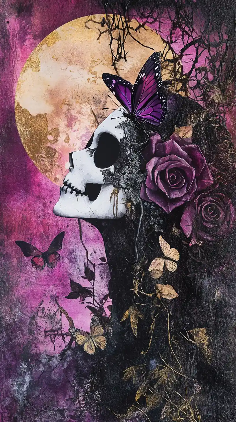 Surreal skull collage with butterfly mask and dark roses