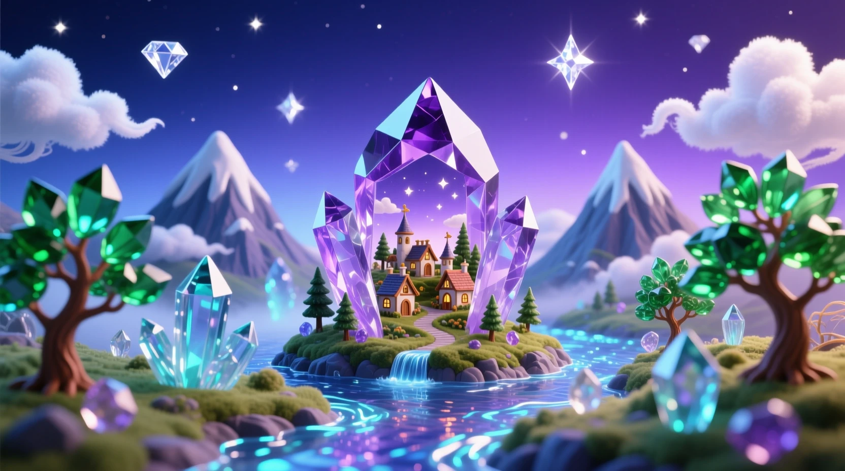 Miniature crystal village in a glowing fantasy glass landscape