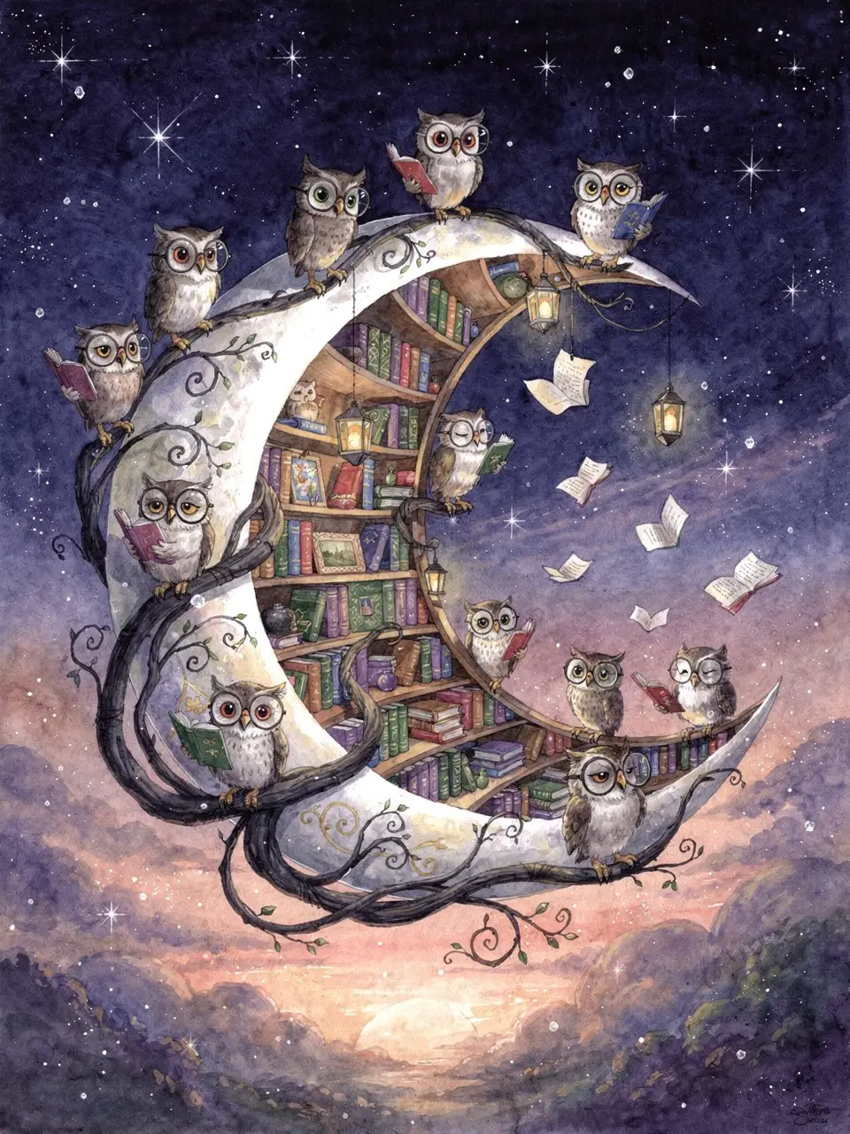 Whimsical Owls Reading On A Crescent Moon Library