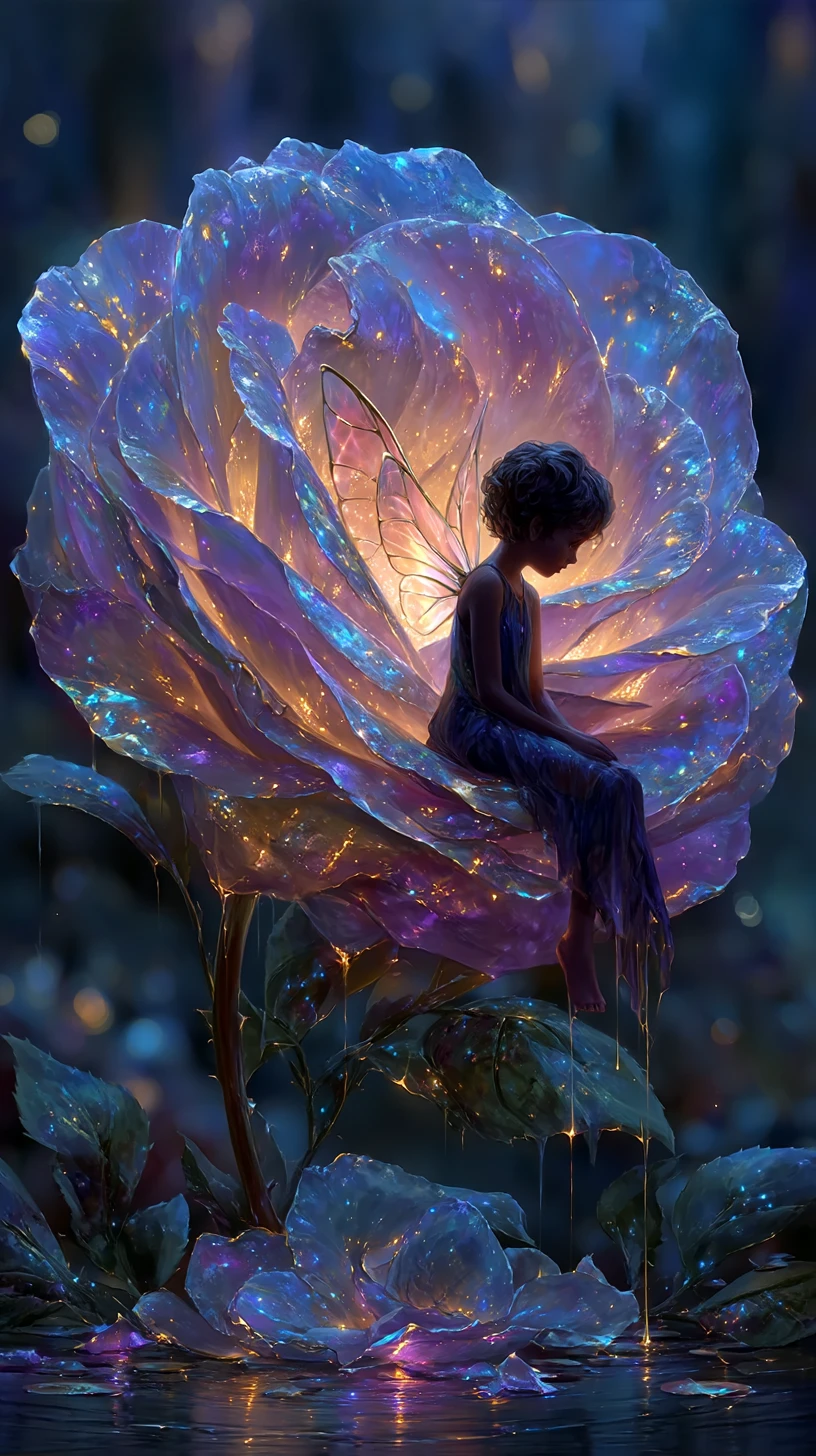Pequeña hada descansando sobre una rosa gigante y luminosa