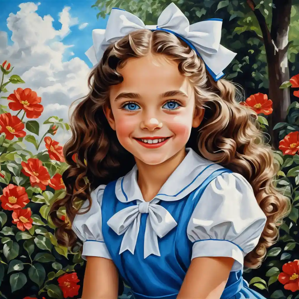 Smiling schoolgirl with white hair bows in vintage uniform