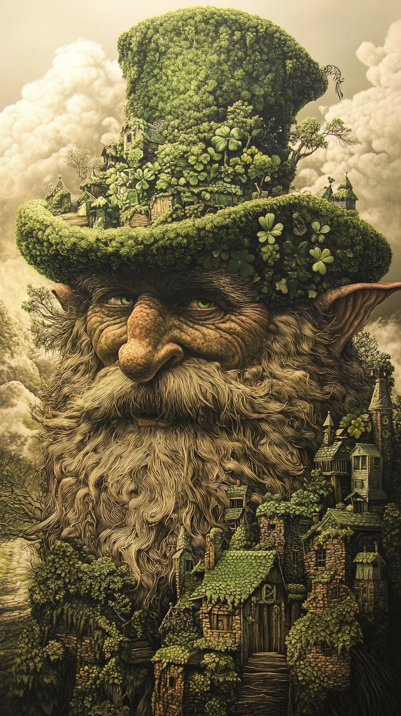 Ilusión surrealista de un duende irlandés en una escena multiimagen