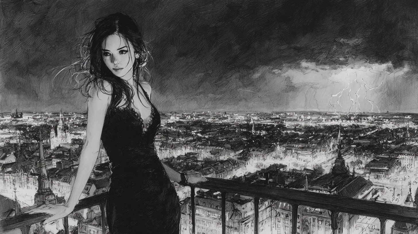 Elegant woman on rooftop with stormy city skyline