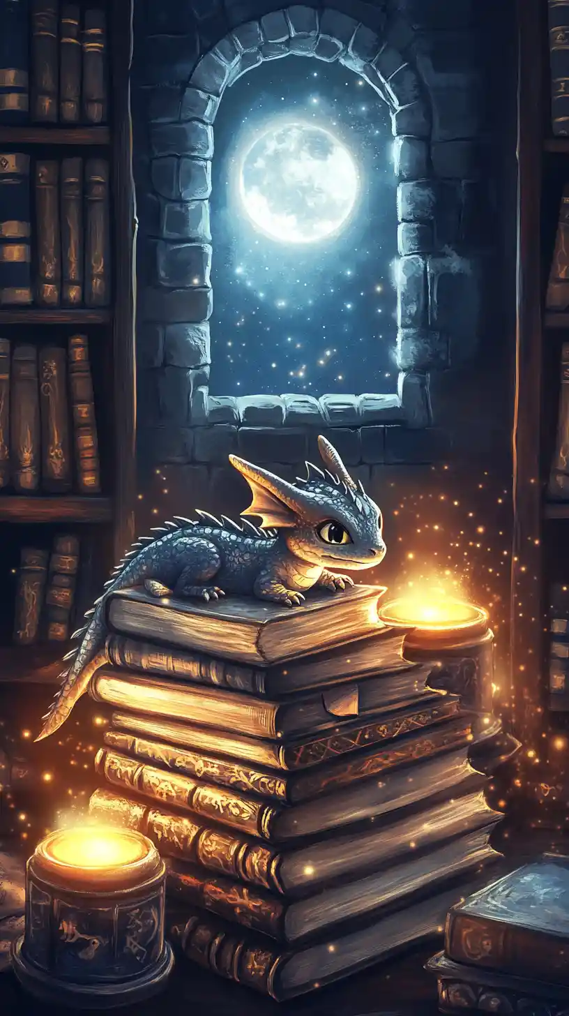 Tiny dragon resting on glowing spellbooks in wizard library