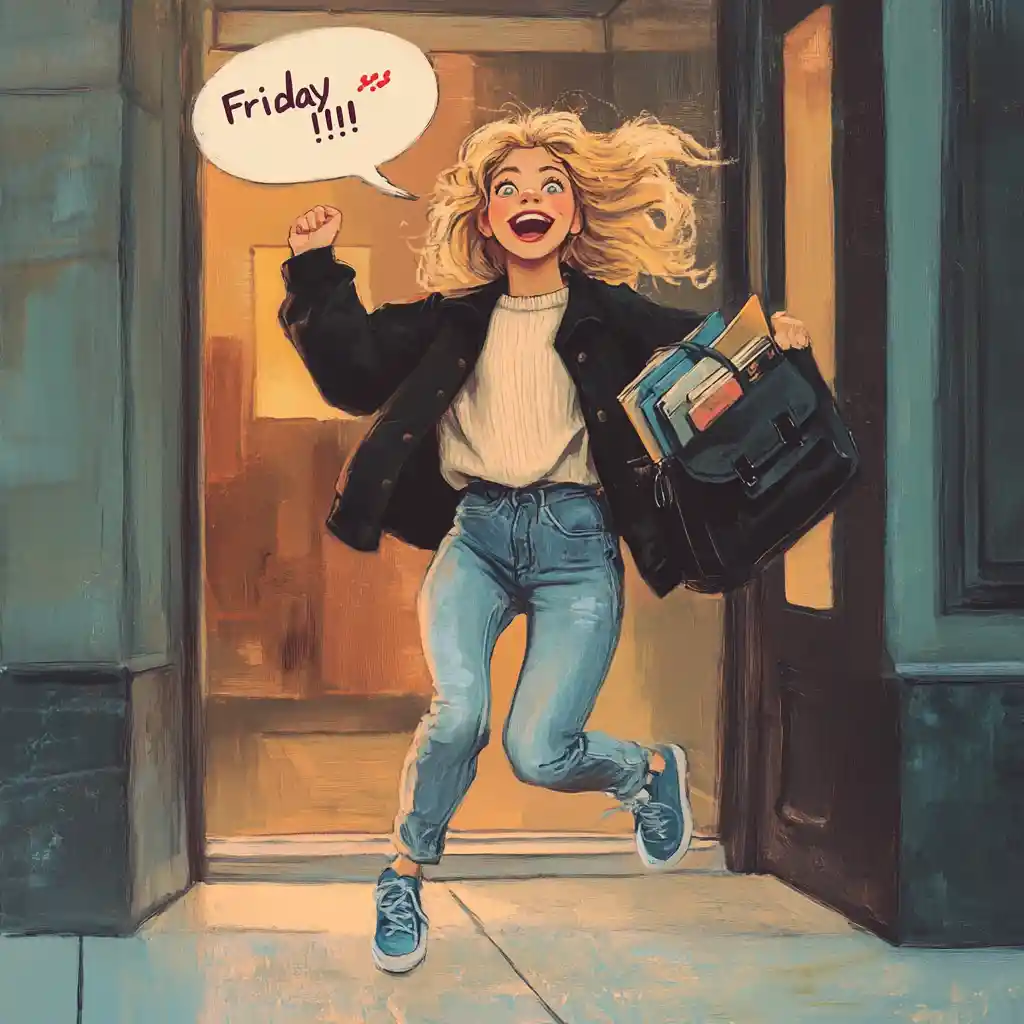 Joyful woman jumping outside office on Friday