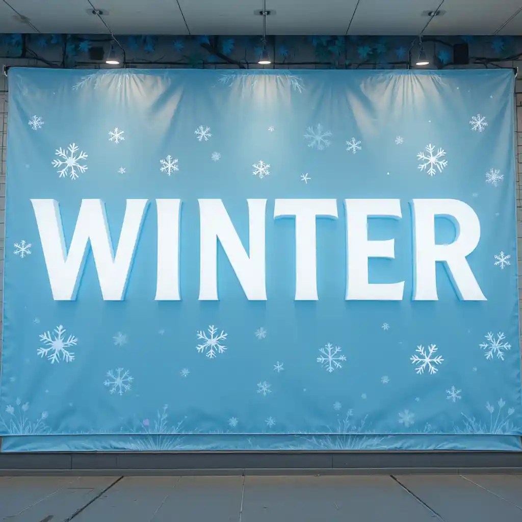 Light blue winter banner with white letters and snowflakes