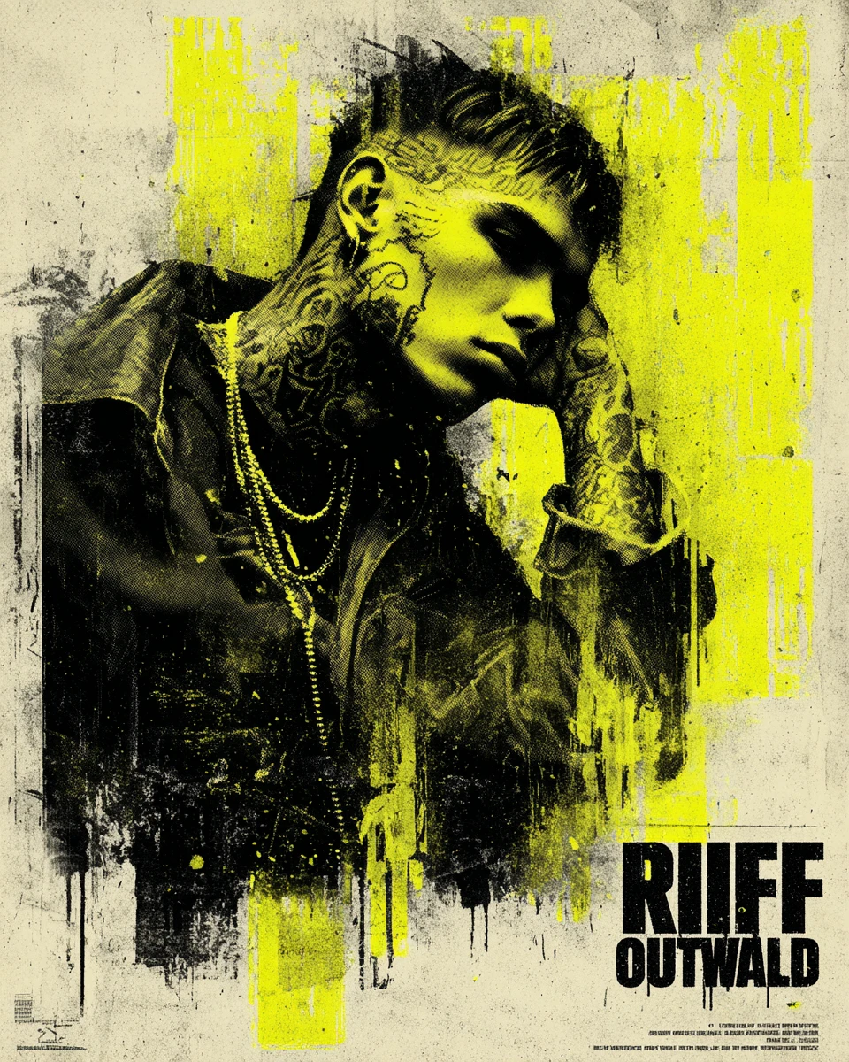 Retrato de hombre tatuado en póster de streetwear vintage y crudo