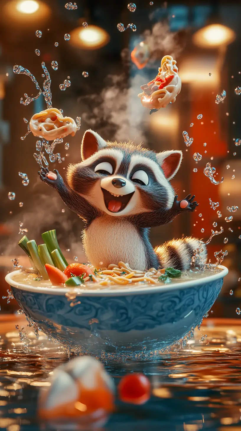 Cartoon raccoon tumbling into a giant bowl of soup