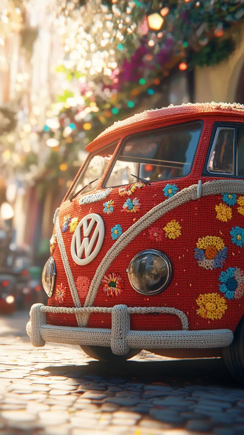Knitted Red Volkswagen Bus In Whimsical Stop Motion Style