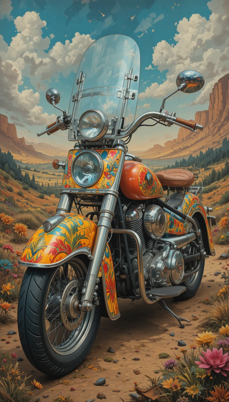 Pintura surrealista de una motocicleta clásica con colores vivos