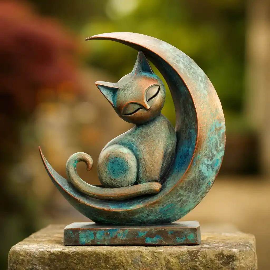 Bronze cat sculpture resting on crescent moon in garden