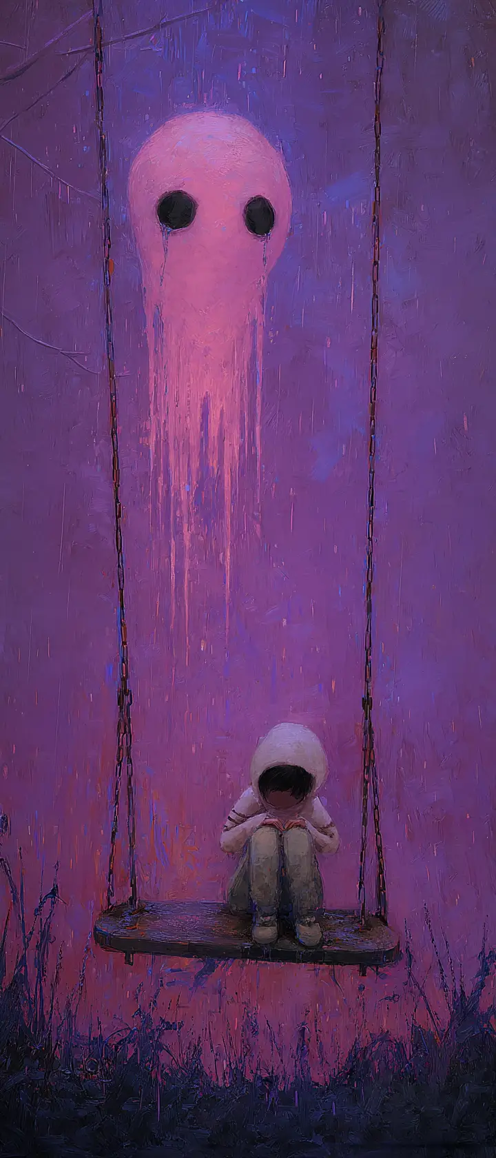 Alien comforting lonely child above rainy playground at dusk