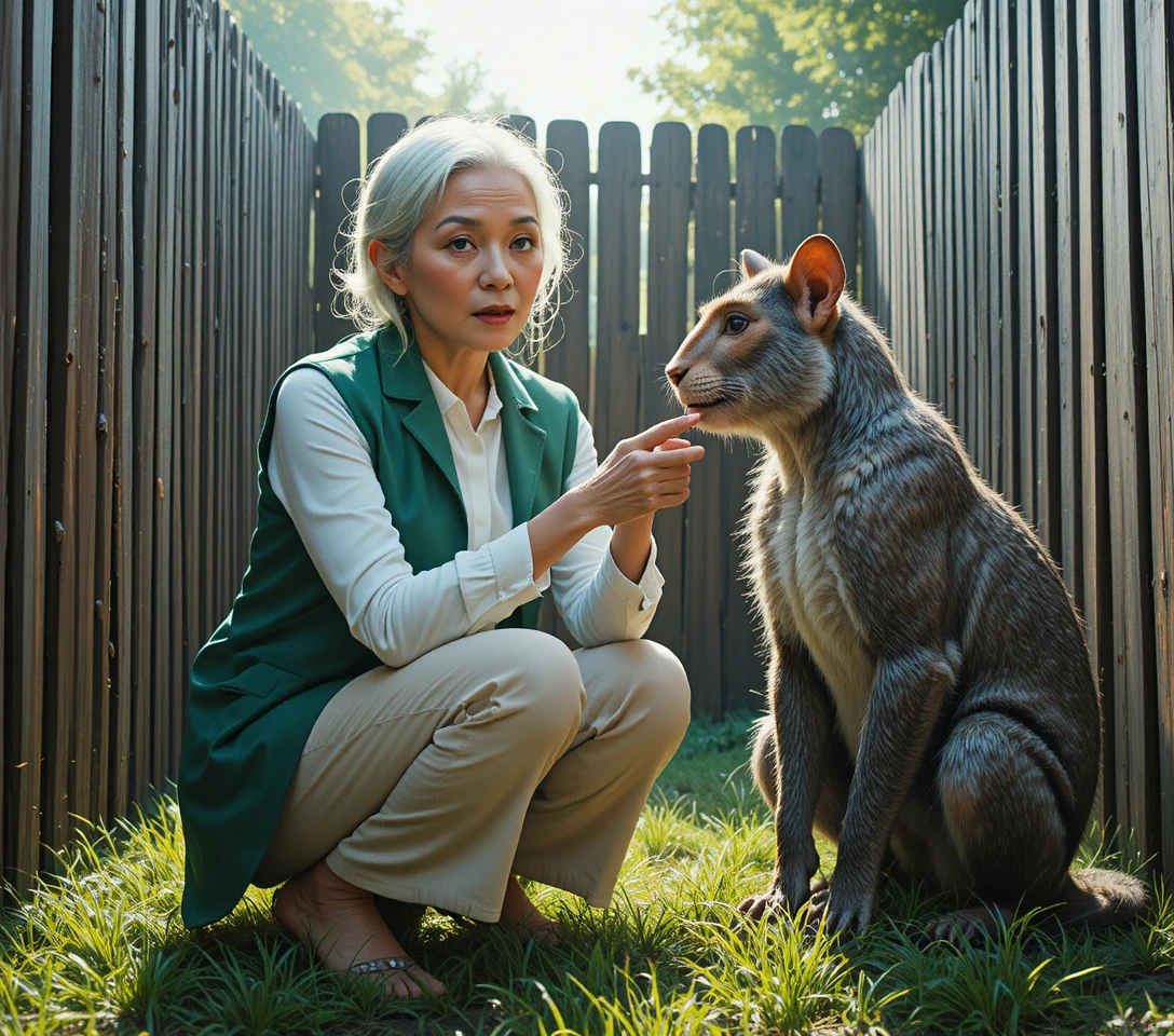 Elderly woman and gorilla sitting together in a garden
