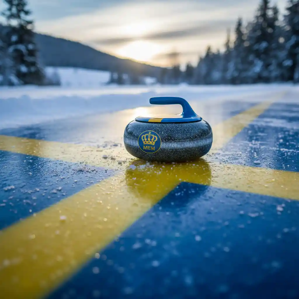 Schwedischer Curlingstein auf einer zugefrorenen Winter-Eisbahn