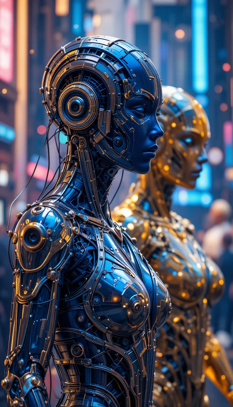 Umanoidi cyber che festeggiano il nuovo anno in un festival nella città al neon