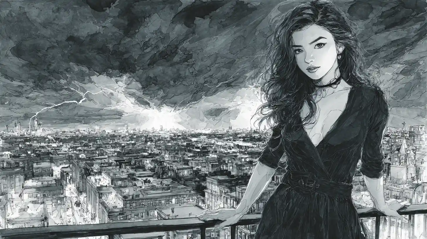 Elegant woman on a rooftop above a stormy city