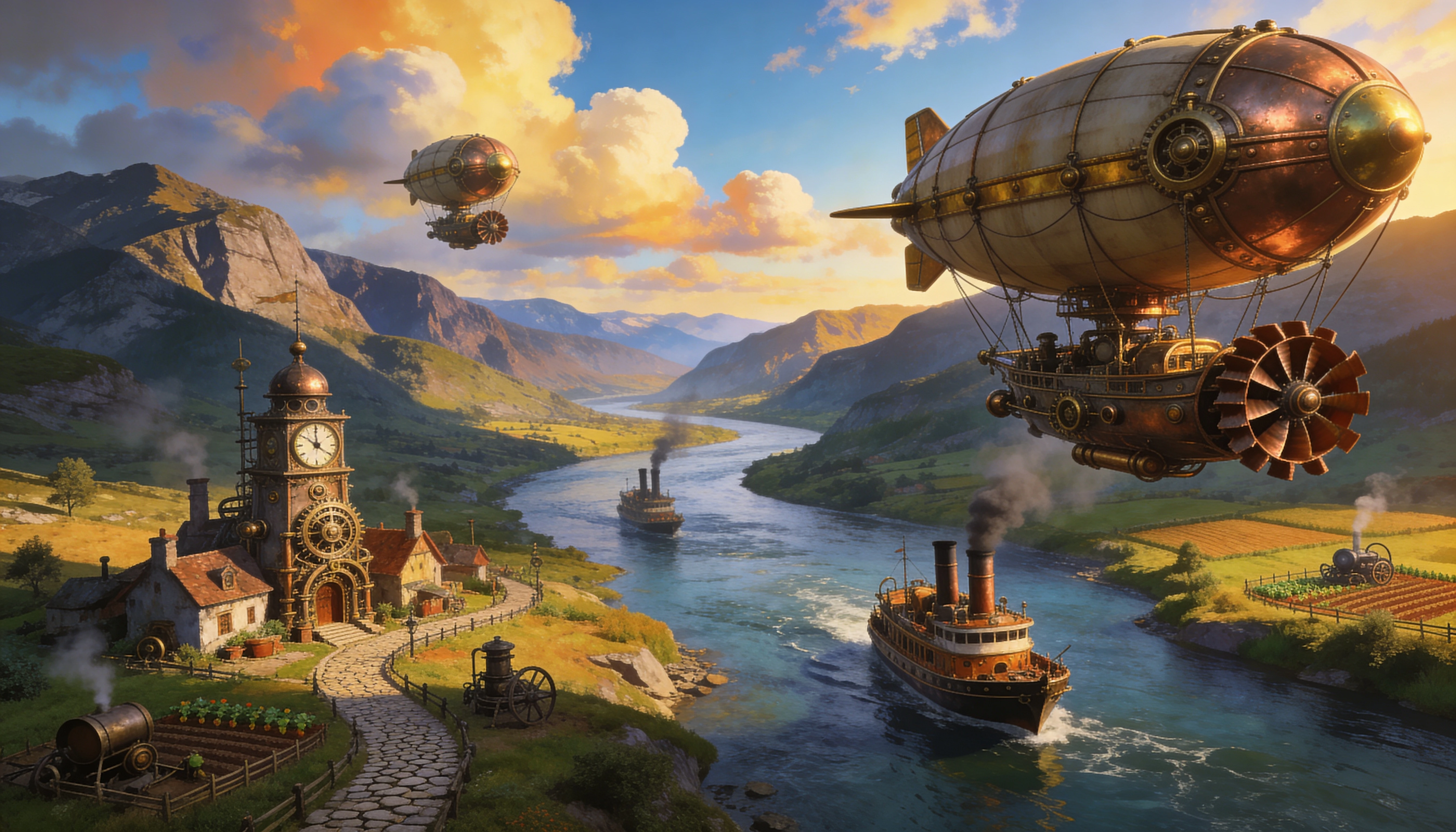 Colorful steampunk valley with airships over winding river