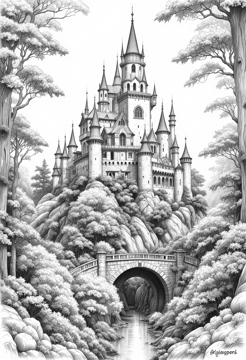 Disegno a grafite di un castello in cima a una collina con foresta e ponte
