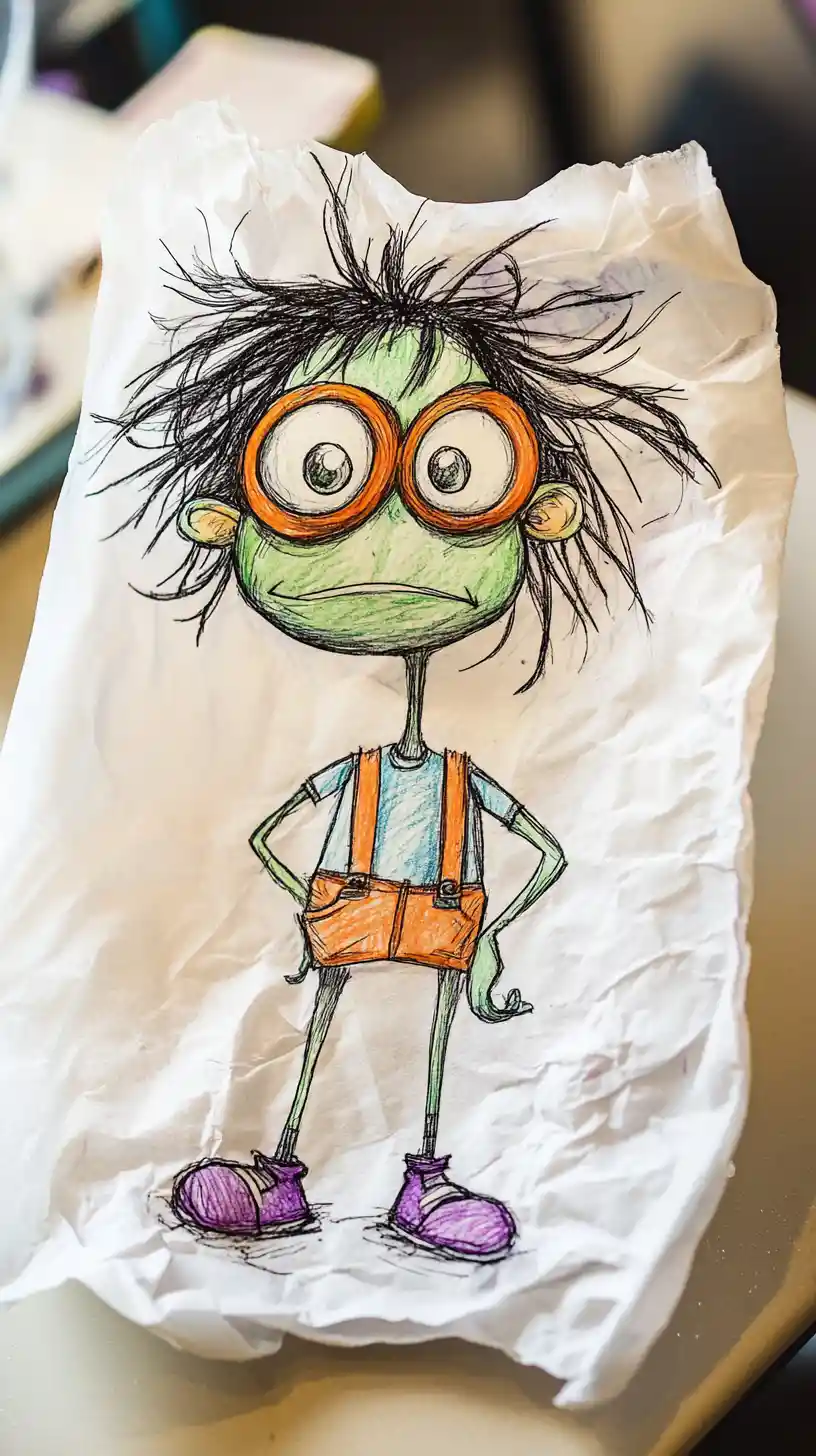 Playful cartoon character drawn on a crumpled tissue