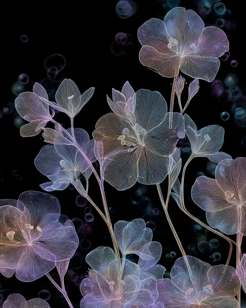 Delicate floral linework with luminous glowing bubbles