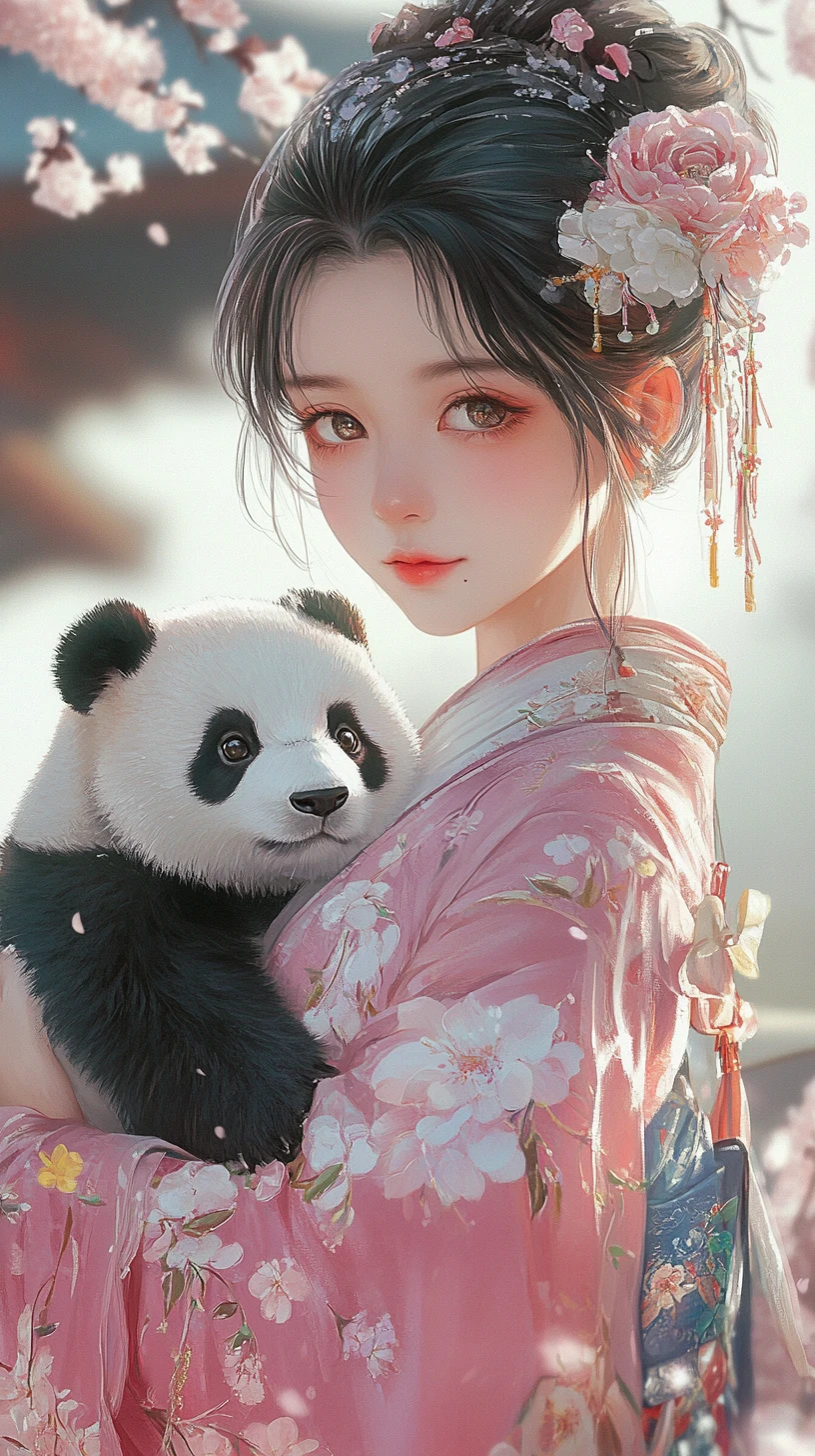 Chica de anime con kimono rosa sosteniendo un panda compañero