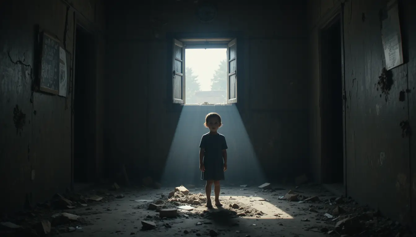 Lonely Child Standing In A Dark Rural House