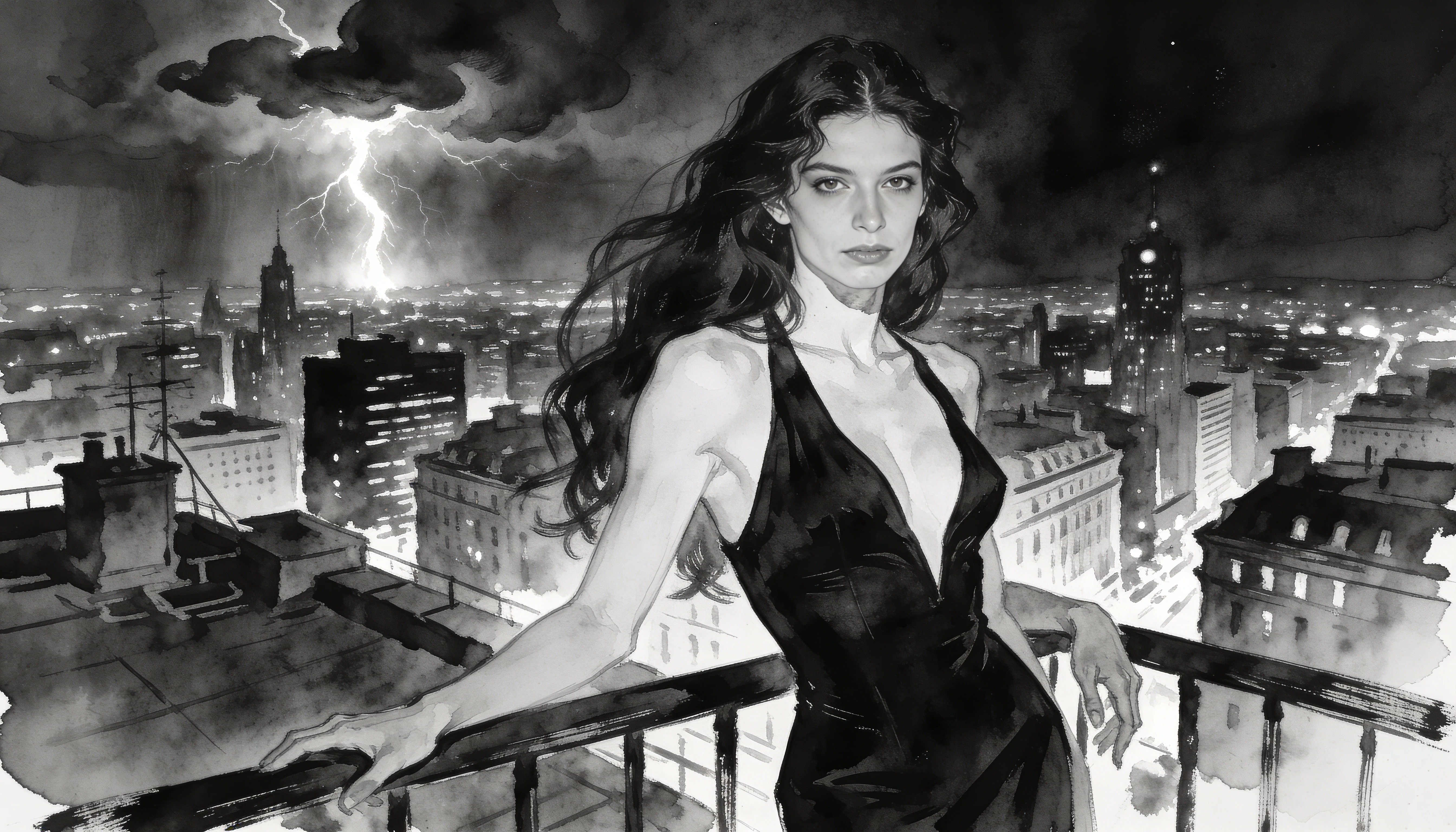 Elegant woman on a city rooftop in moody monochrome art