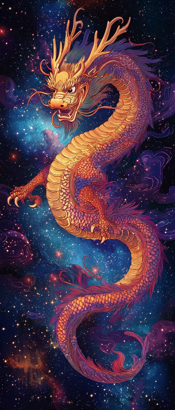 Chinese dragon gliding through a luminous cosmic galaxy
