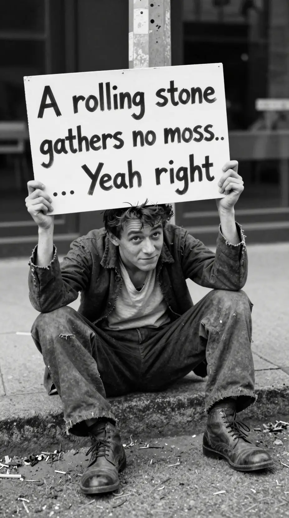 Young man with ironic sign on a city street corner