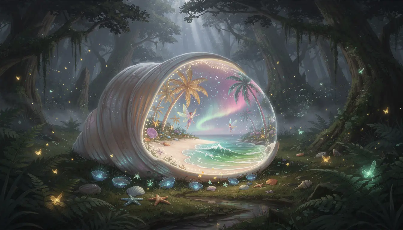 Ancient glowing conch shell in an enchanted forest clearing