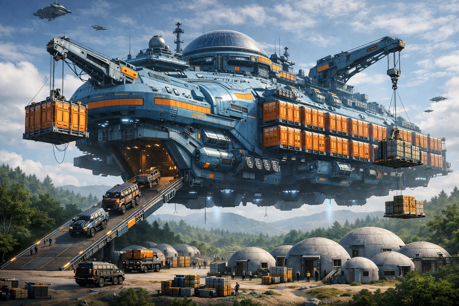 遙遠森林村莊上空的巨型模組化貨運星艦
