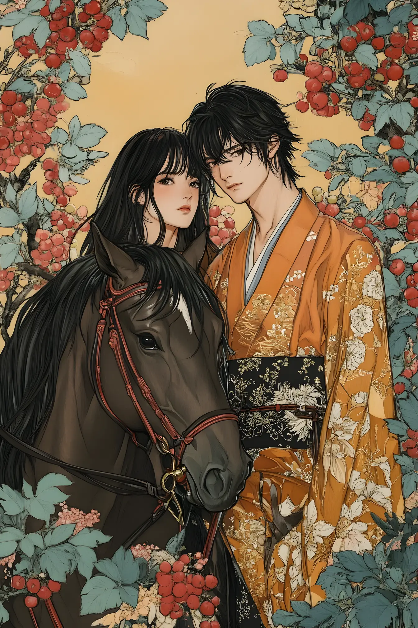 Two men on horseback in robes in a japanese garden
