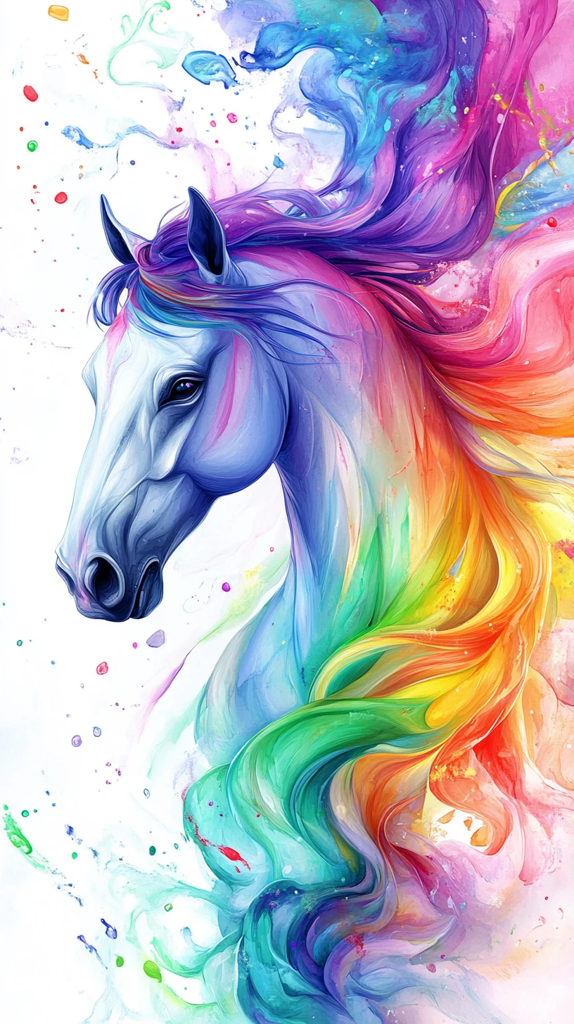 Caballo majestuoso con colores arcoíris sobre lienzo blanco