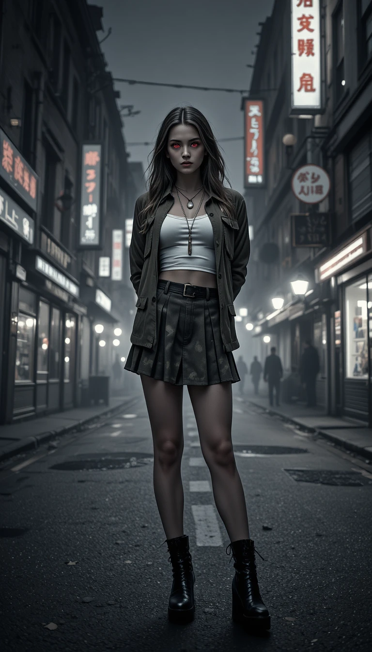 Mysterious woman on a misty grayscale city street