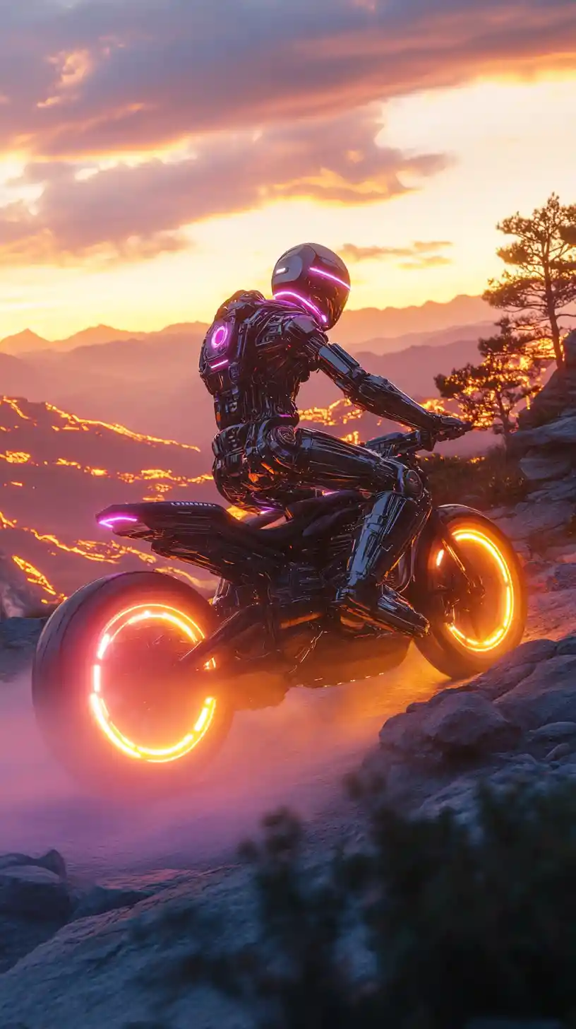 Robô futurista pilotando uma moto cyberpunk ao pôr do sol