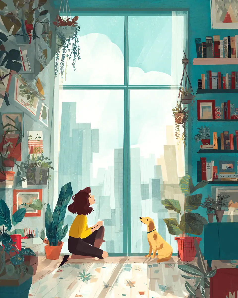 Playful urban apartment with girl and dog in soft light