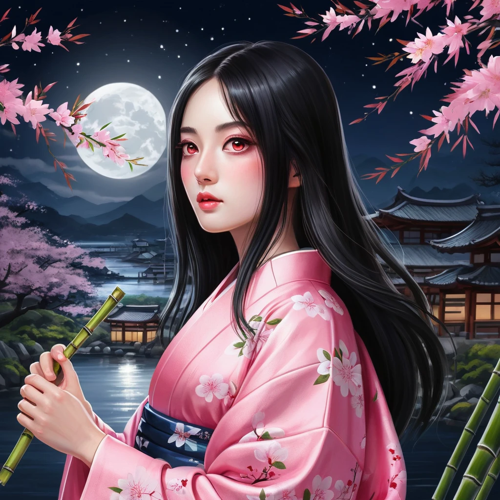 Anime girl in pink kimono under moonlit cherry blossoms