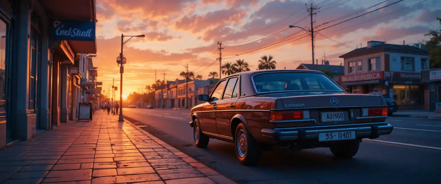 Old mercedes car parked on tiled street at sunset