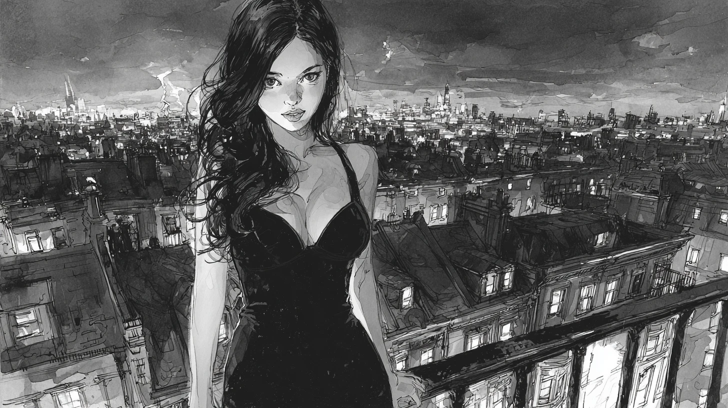 Elegant woman in black dress on night city rooftop