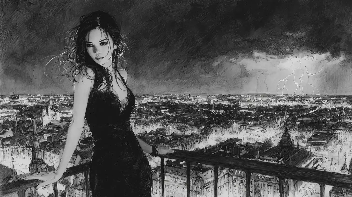 Elegant woman on rooftop with stormy city skyline
