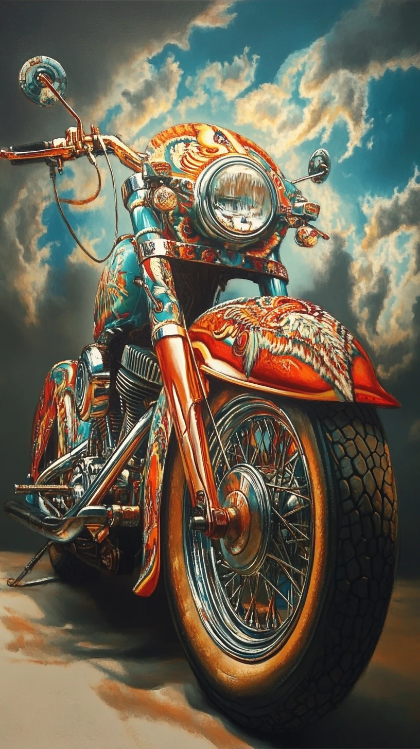 Pintura surrealista de una motocicleta Indian clásica con colores vivos