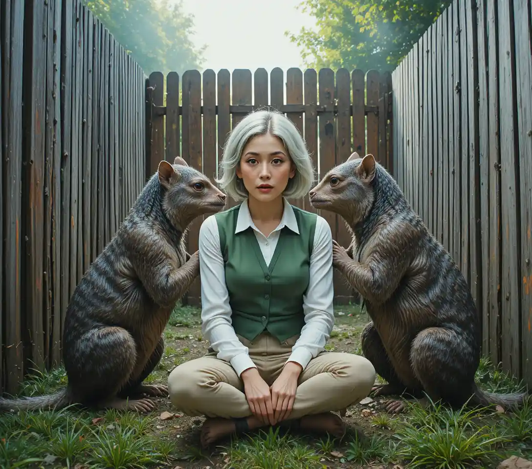 Elderly Asian woman and gorilla sitting side by side