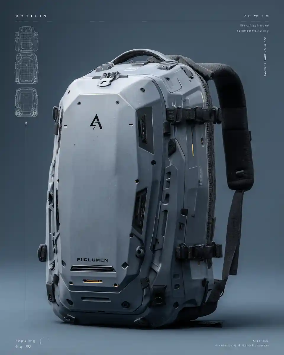Futuristic sci fi tactical backpack product design render