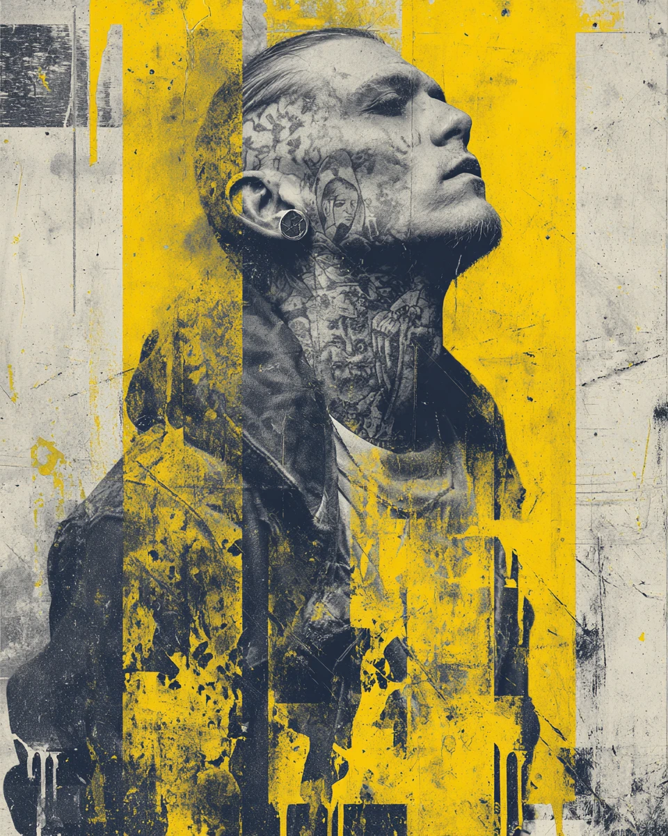 Gritty vintage portrait of tattooed man in urban streetwear