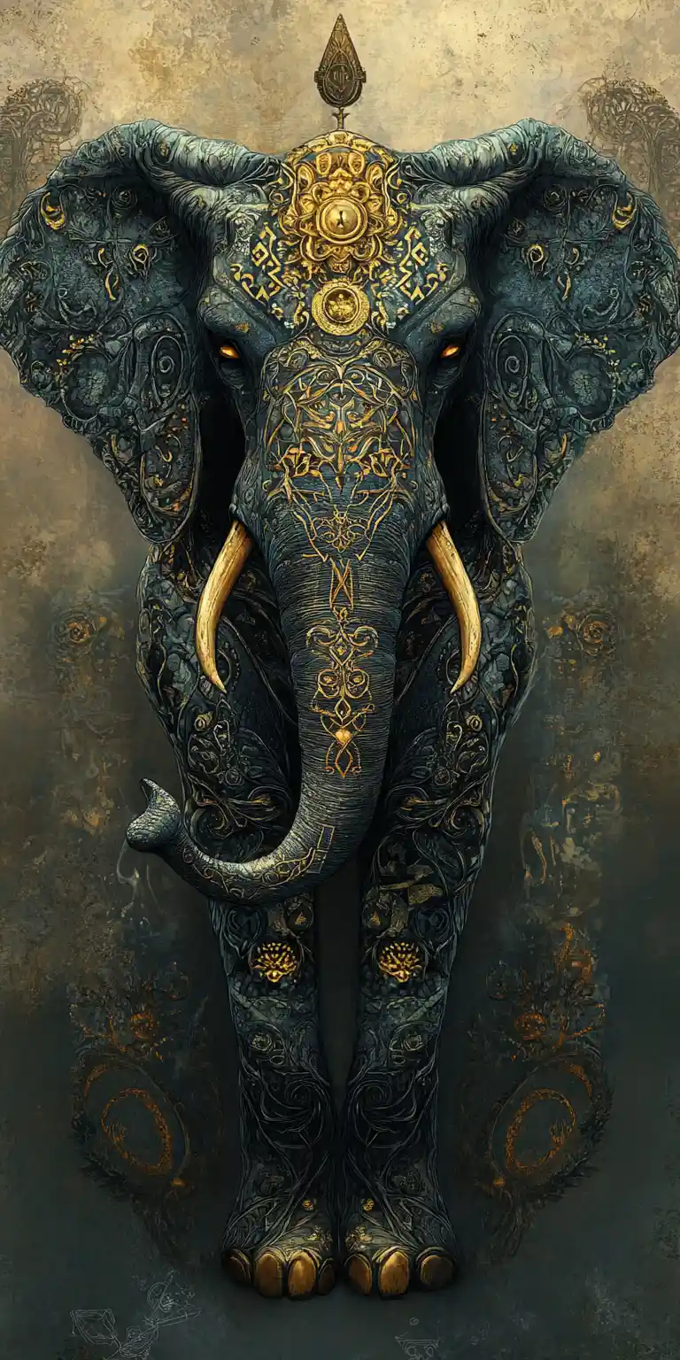Regal fantasy elephant with intricate gothic patterned armor