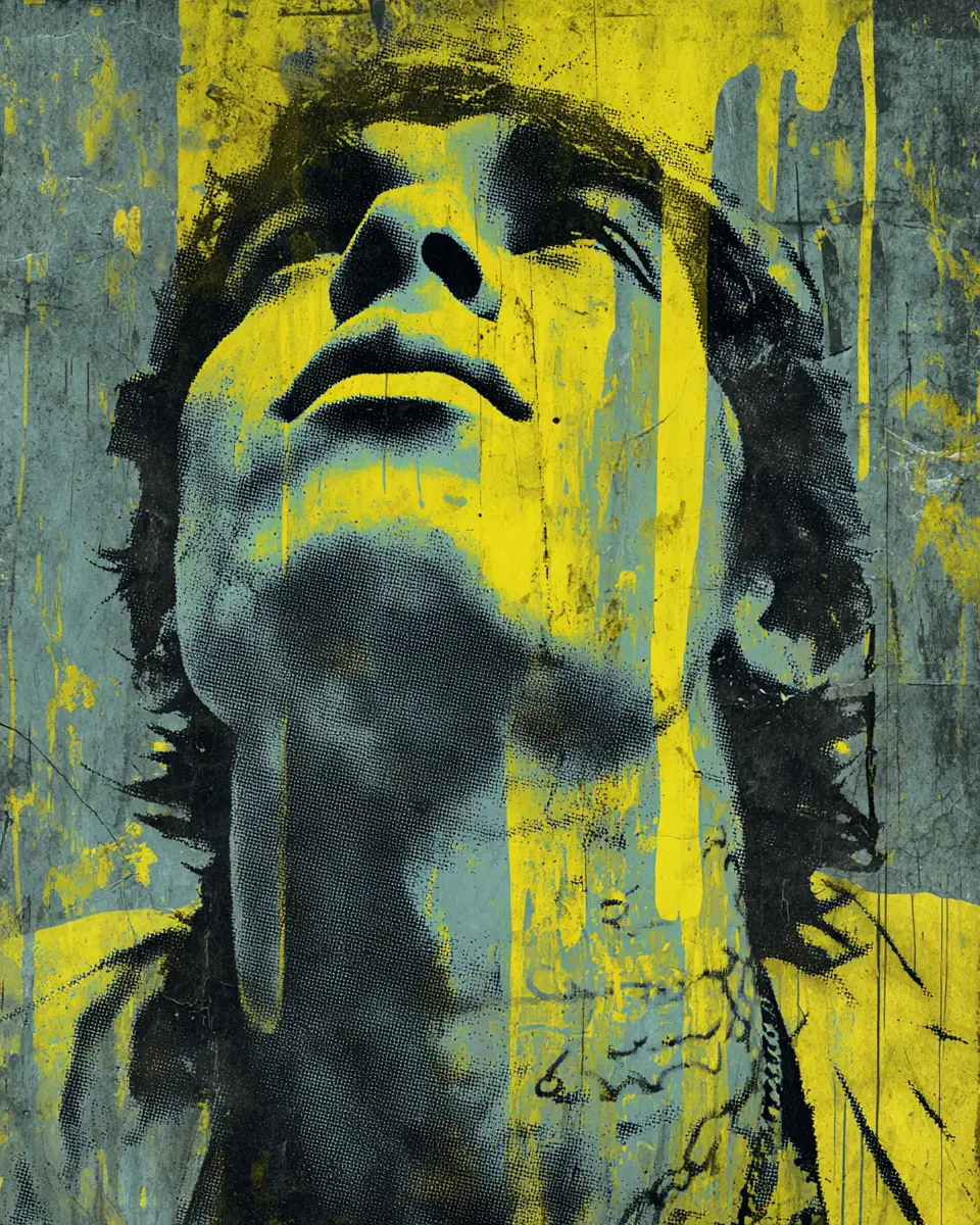 Moody tattooed portrait with neon splashes on concrete