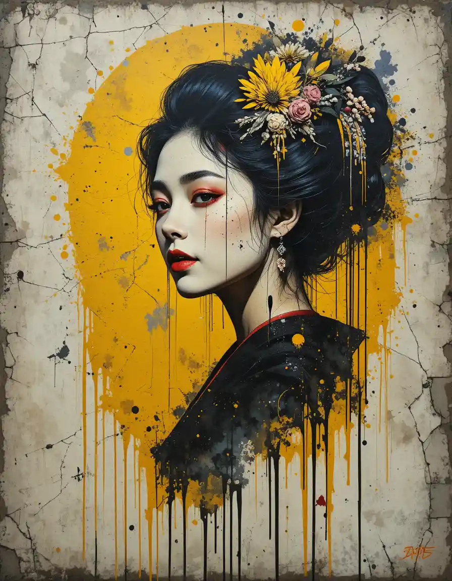 Gritty vintage portrait of a geisha in streetwear style